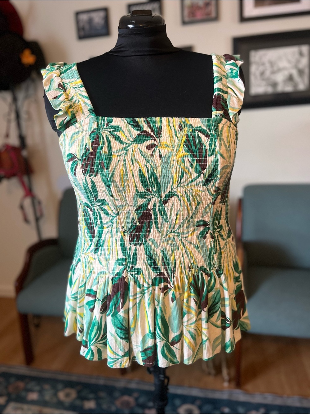 torrid Green and Cream Tropical Smocked Peplum Camisole